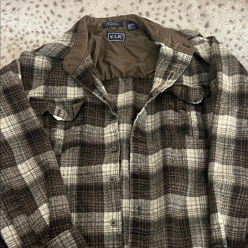 Brown and Cream Plaid Button-Up Shirt